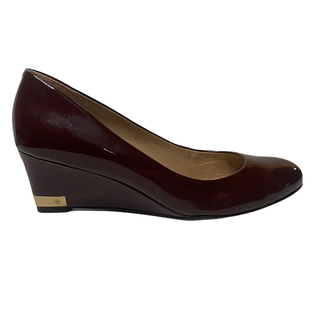 Tory Burch Astoria Wedges Patent Leather Dark Red Designer Heels Women’s Size 7M